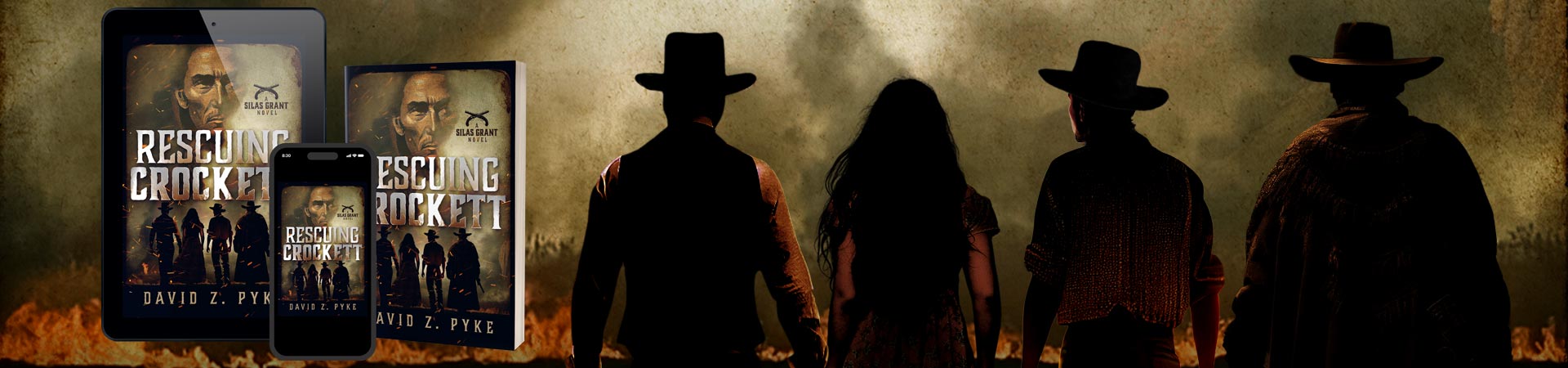 Rescuing Crockett on tablet, phone, and in print, next to Juan, Emily, Silas, and Sam